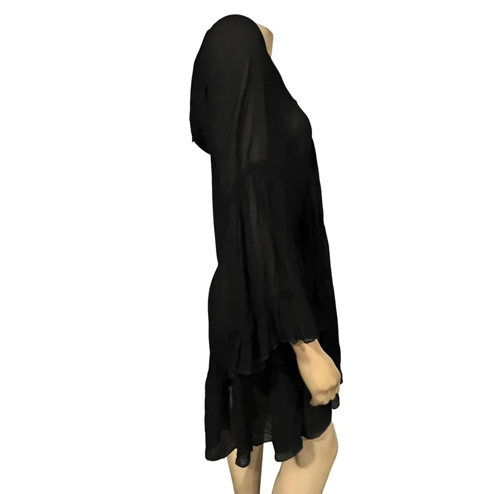 Young Fabulous Broke Black Sheer Boho Bell Sleeve Tiered Mini Dress NWT S